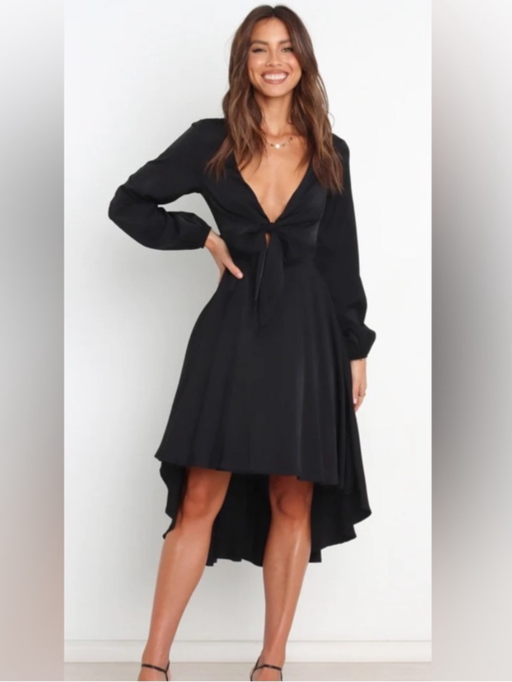 Petal & Pup Black High-Low Tie-Front V-Neck Dress